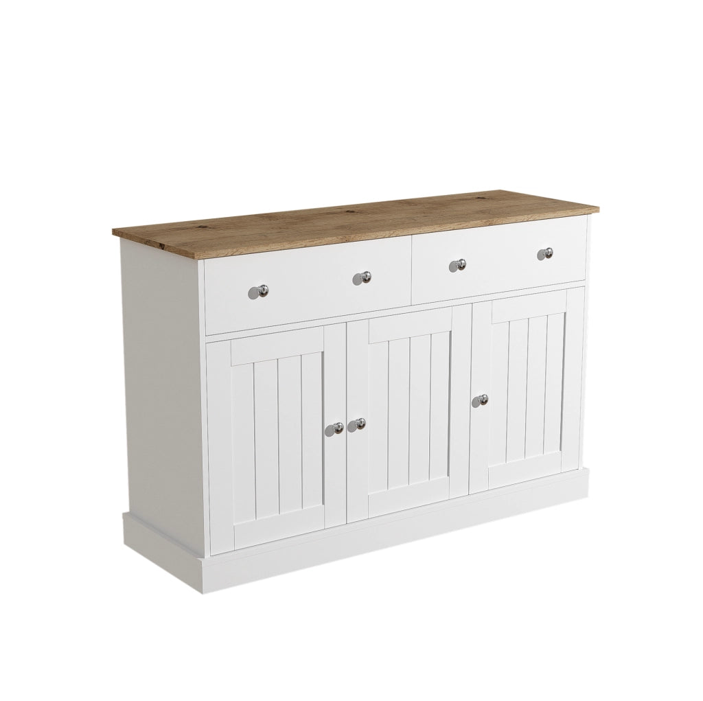 Credenza bianca e finitura legno con 3 ante e 2 cassetti