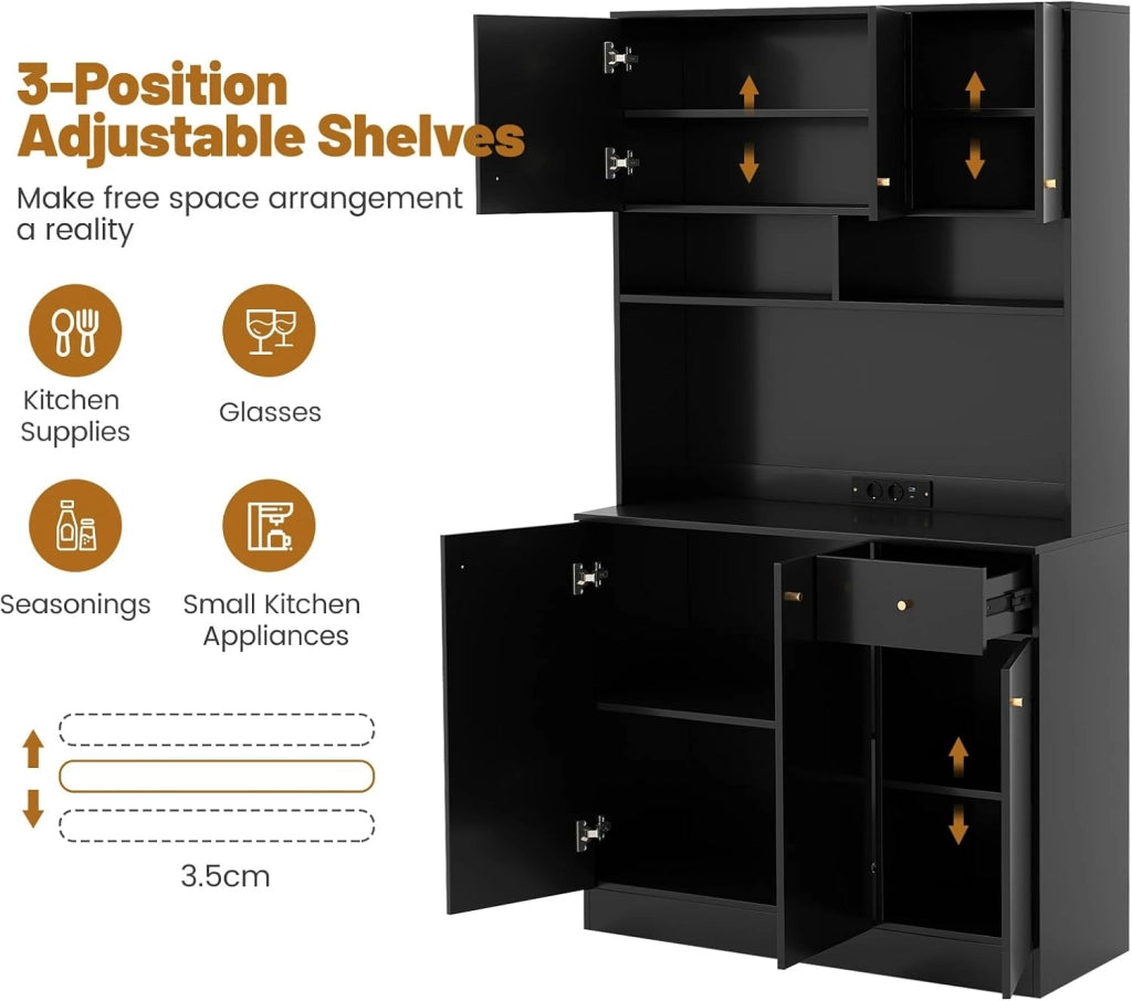 Credenza Alta da Cucina con Stazione di Ricarica, Mobile Dispensa con Cassetto e Porte, Armadietto a Buffet con Ripiani Regolabili, 100x40x181cm, per Sala da Pranzo (In 2 Pacchi) (Nero)