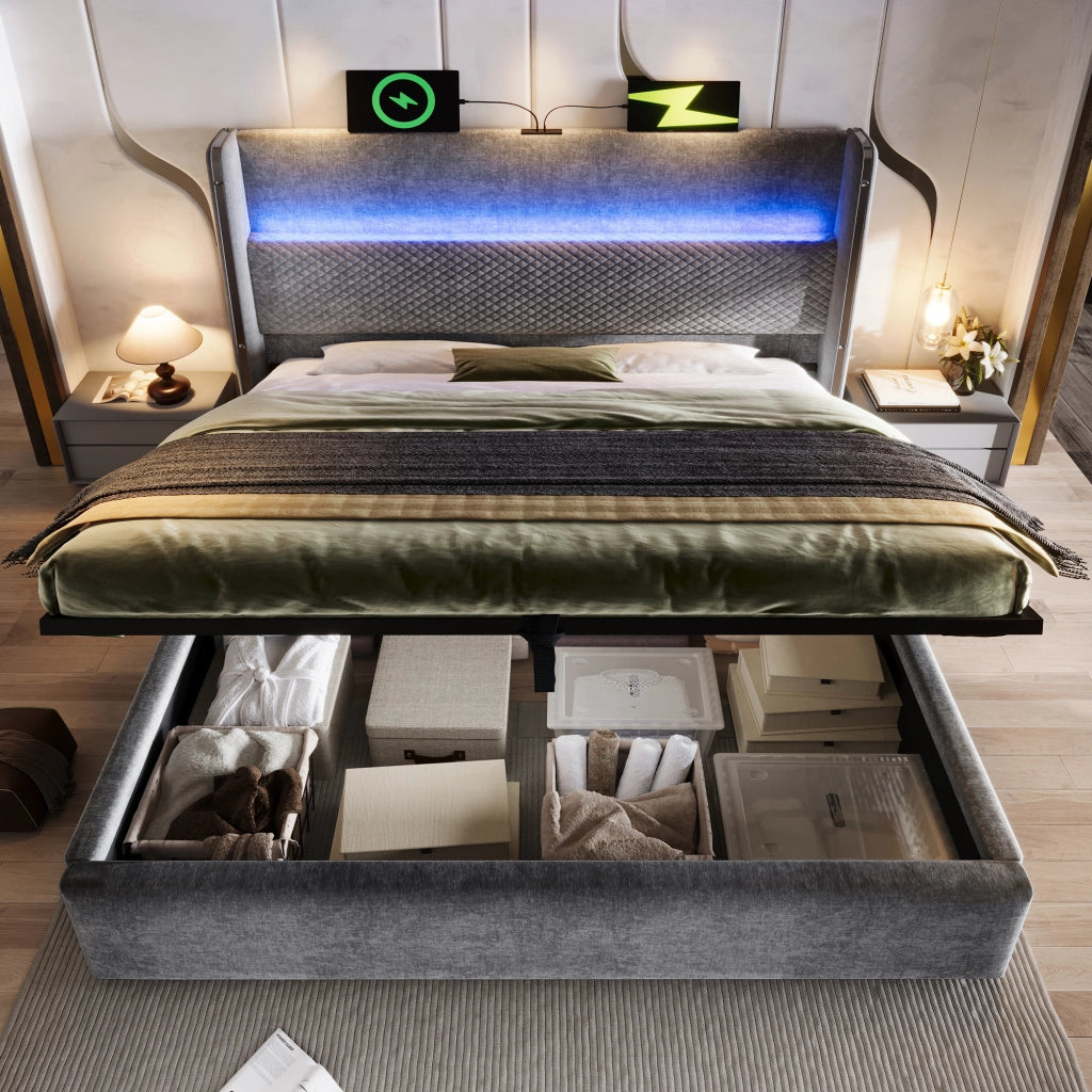 OKWISH Letto Contenitore 160×200 cm, Letto Matrimoniale con LED Regolabile, USB, Tipo C e Testiera Alta, senza Materasso, in Lino, Grigio
