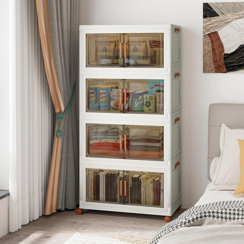 Contenitore Portaoggetti in Plastica Impilabile con Coperchi e Porte, 4 Ruote, per Soggiorno, Camera da Letto, 68,5 x 37,5 x 140 cm, Bianco e Marrone