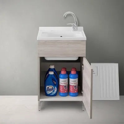 Mobile lavatoio 50x50 cm 1 anta rovere grigio con vasca in resina