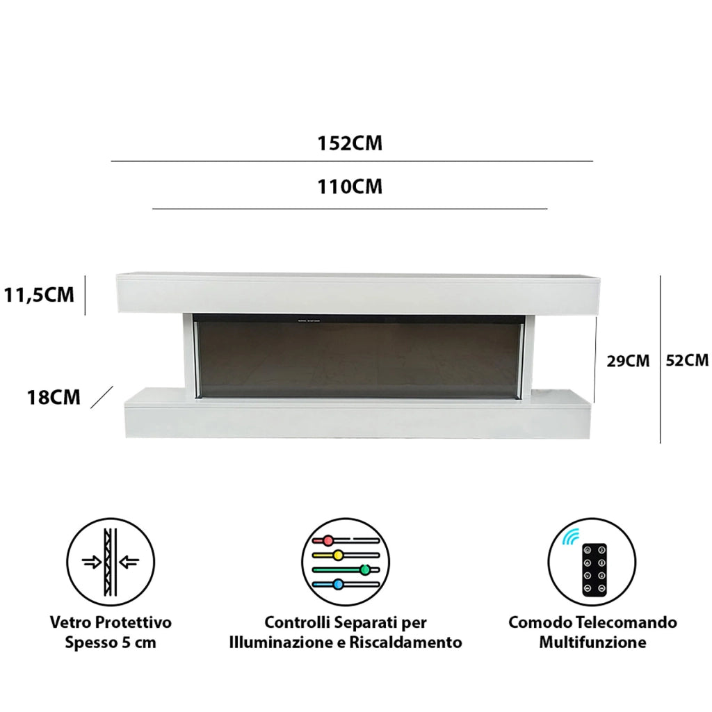 Camino Elettrico da Parete o Incasso Alaro Ultra+ 152x18x52 cm Effetto Fiamma Telecomando in MDF Bianco