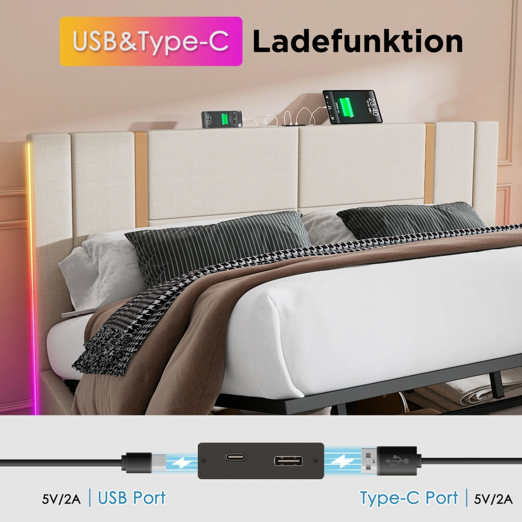 Letto Matrimoniale 2 Posti con Panca Contenitore; Luci da Lettura; USB e Comodini; 160×200 cm; senza Materasso