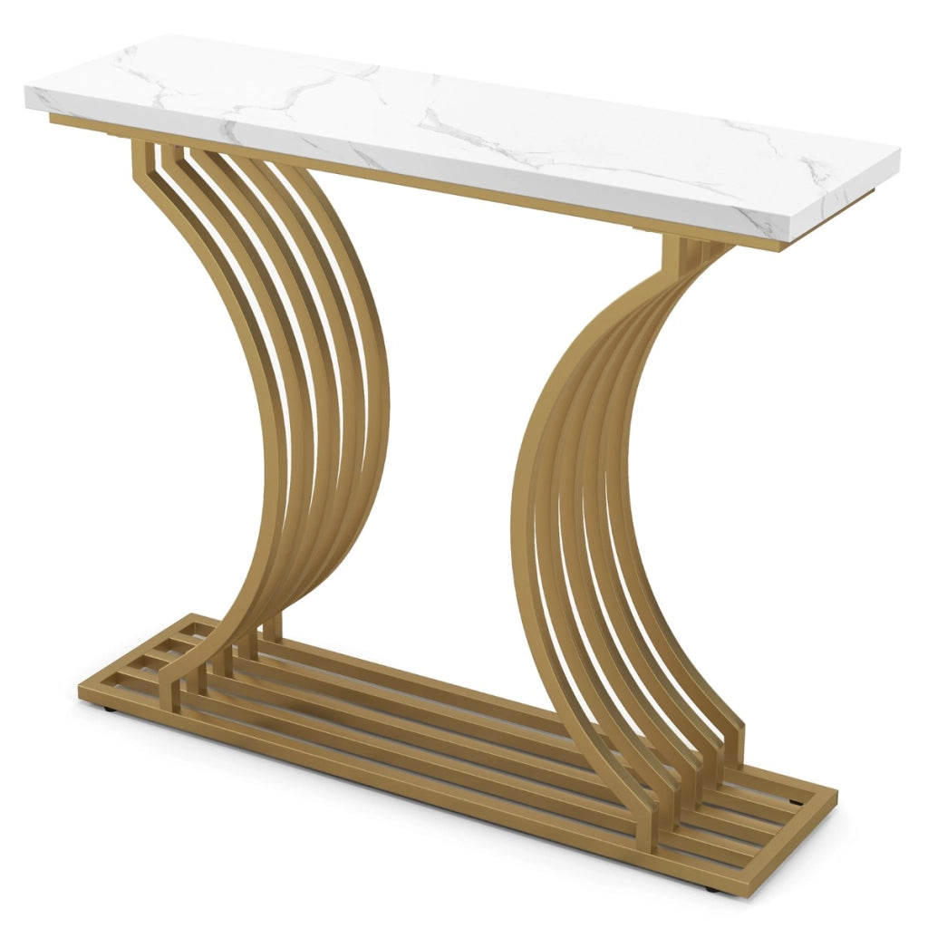 Consolle con piano in finto marmo bianco, Tavolo d'ingresso stretto con gambe metalliche per soggiorno Oro-Consolle
