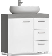 Mobili da bagno, cassettiera per lavabo, 3 ante laterali, 2 contenitori dietro la porta, con gambe, 30 x 70 x 64 cm, grigio cemento e bianco nebbia