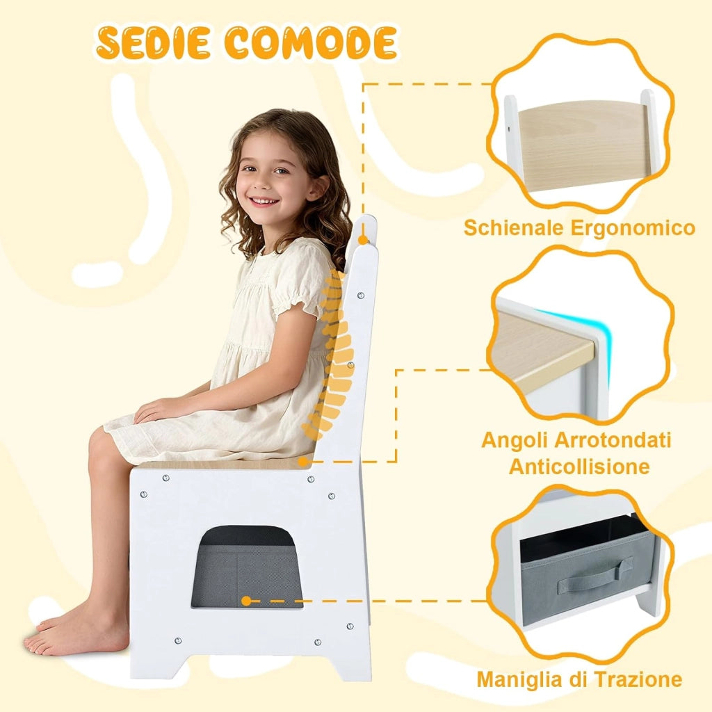 4 in 1 Set Tavolo e Sedie per Bambini 3+ Anni, Tavolo e Sedie con Piano Reversibile, Scaffali e Cassetti, Ideale per Disegno, Lettura e Studio (Naturale, Stile 3)