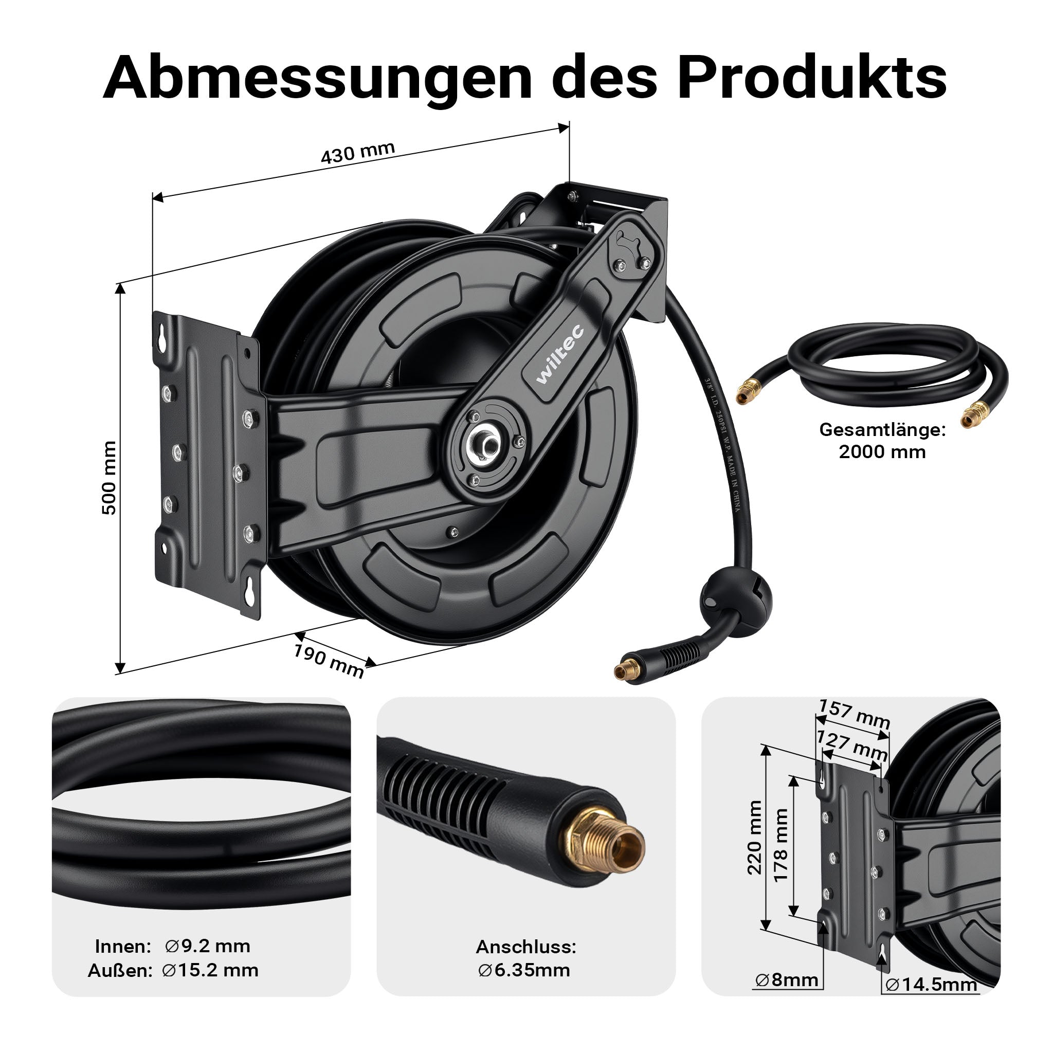 Avvolgitubo per aria compressa 20 m, avvolgitubo automatico in acciaio, 20 bar, facile montaggio a muro, girevole a 180°