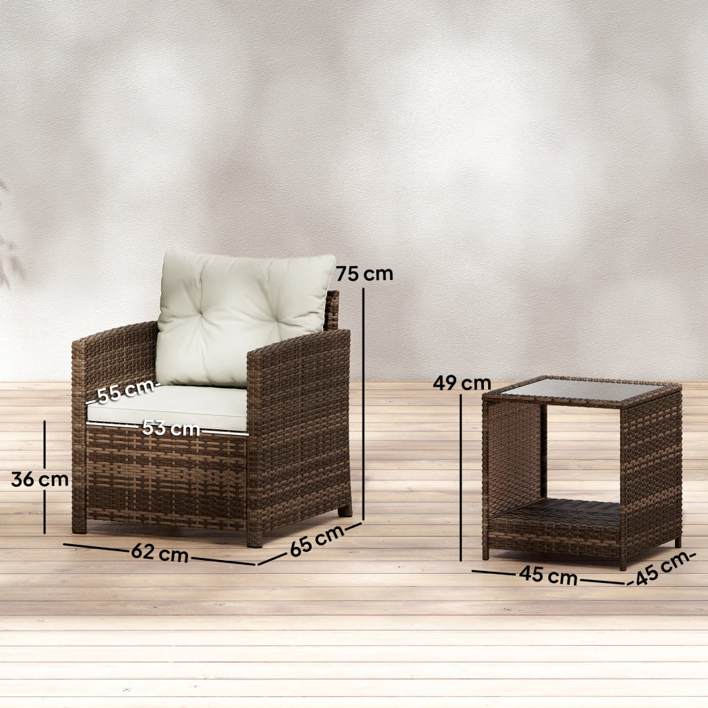 Set 3 Pezzi da Giardino con 2 Poltrone con Cuscini e Tavolino da Caffè in Rattan PE e Acciaio Marrone e Crema