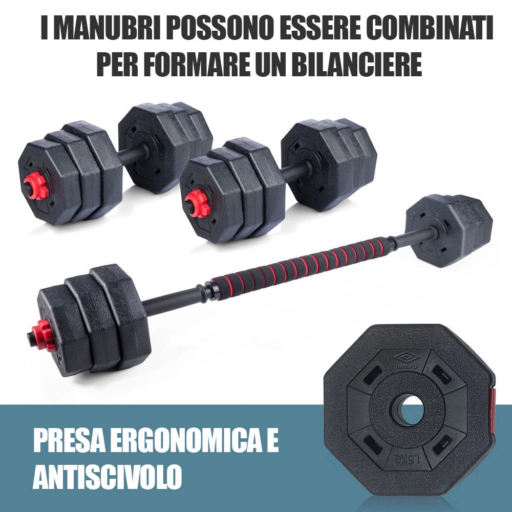 Set Manubri Convertibili in Bilanciere 19Kg Totali 12 Dischi Pesi Plastica Dura Nero