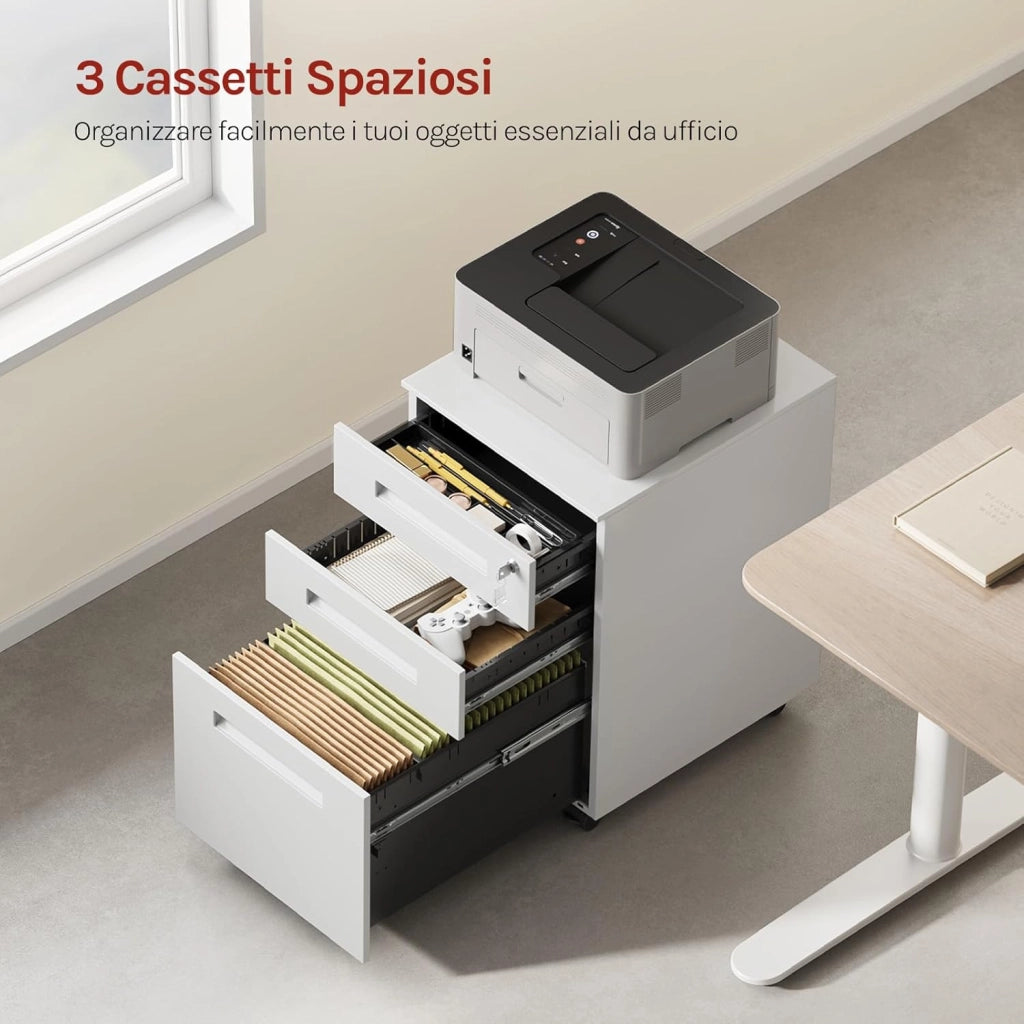 Cassettiera da Ufficio Scrivania Studio con Rotelle Mobiletto con 3 Cassetti e Serratura per Documenti Cartelle Sospese Cancelleria, Pre-Assemblato, metallo Bianco