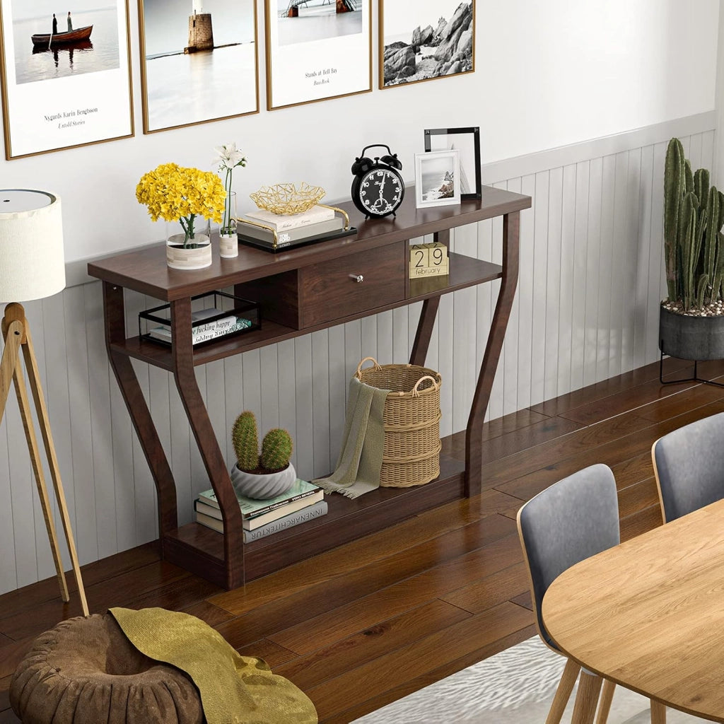 Tavolo Consolle Legno, a 3 Ripiani, Stretto e Compatto, Cassetto con Manico, Console per Soggiorno, Salotto, Ingresso, Portata di 60 kg, 120x30x81cm, 3 Colori (Marrone)