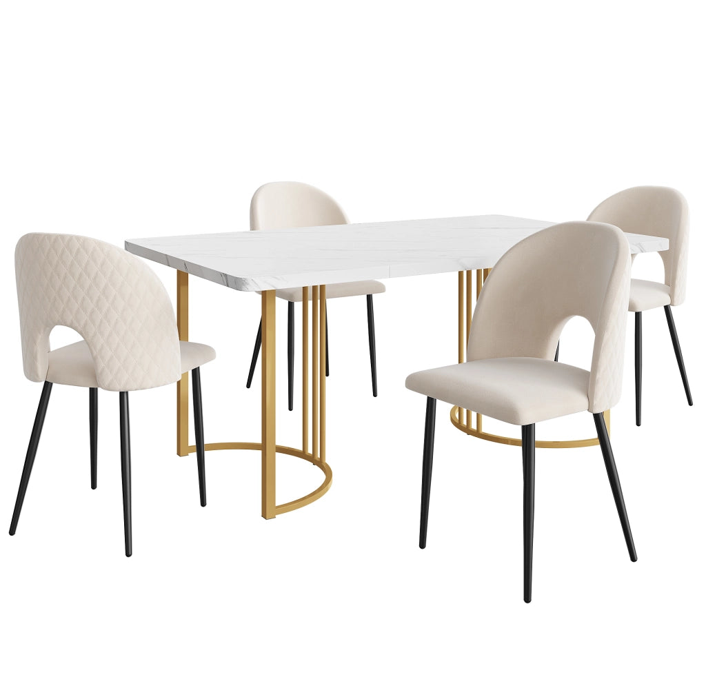 Set da pranzo 140x80x75 cm con tavolo effetto marmo; velluto beige