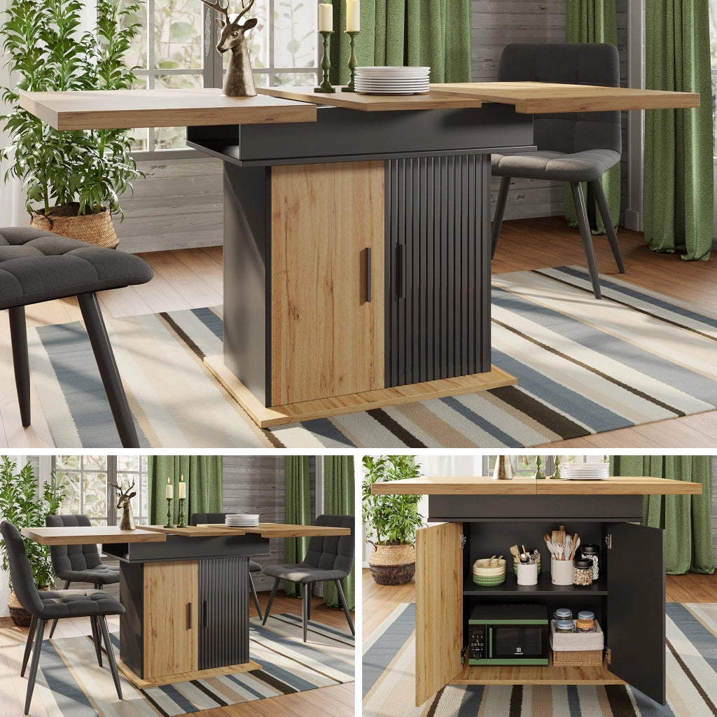 Tavolo allungabile con vano contenitore e ripiani regolabili, in MDF, nero e naturale, 110-140 × 80 × 75 cm