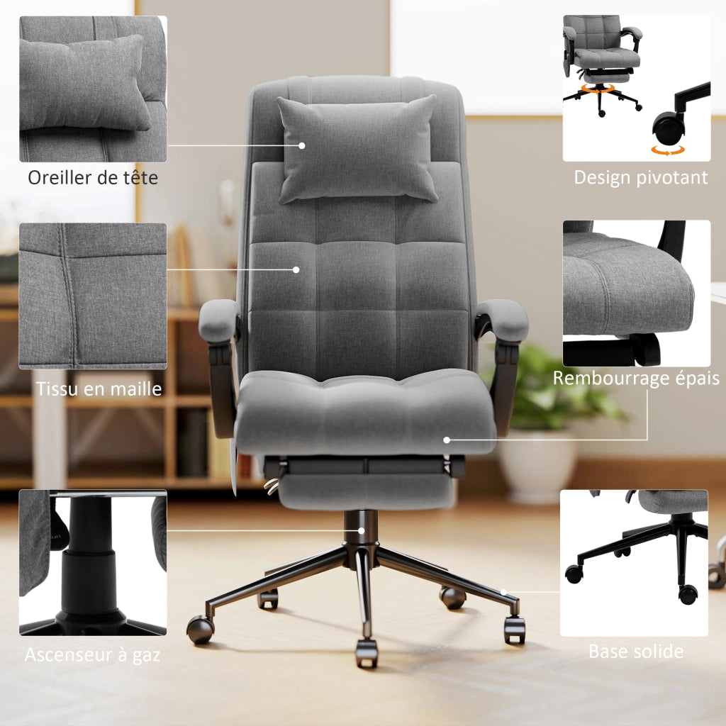 Sedia da Ufficio Ergonomica con Massaggio Riscaldante ¨C Xylo ¨C Tessuto Effetto Lino Grigio Regolabile 116-124 cm