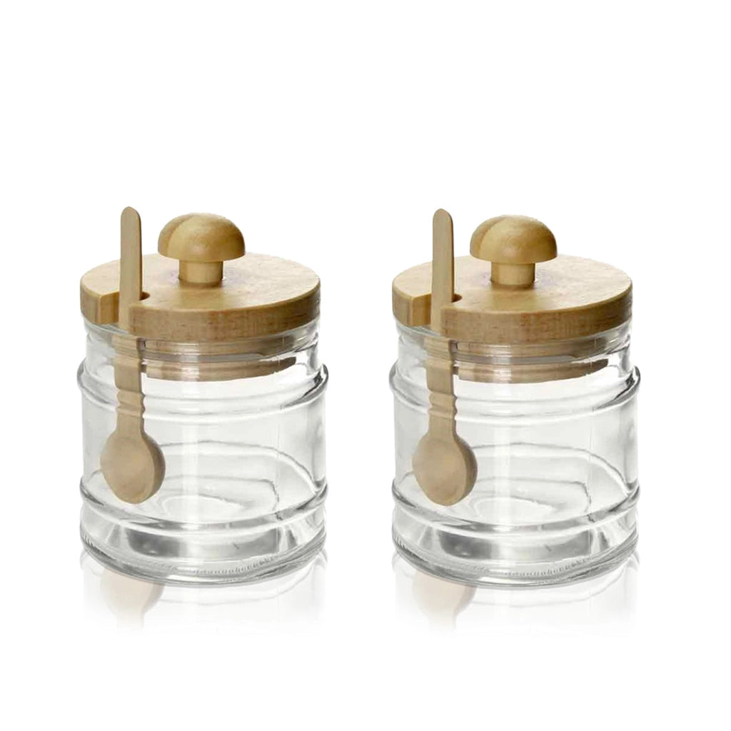 2 BARATTOLI DA CUCINA IN VETRO CON CUCCHIAIO E TAPPO IN LEGNO 8X11CM CAPIENZA 300 ML
