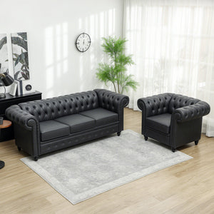 Divano 3 Posti Stile Chesterfield 213x86x79 cm a Molle Insacchettate in Finta Pelle Nero