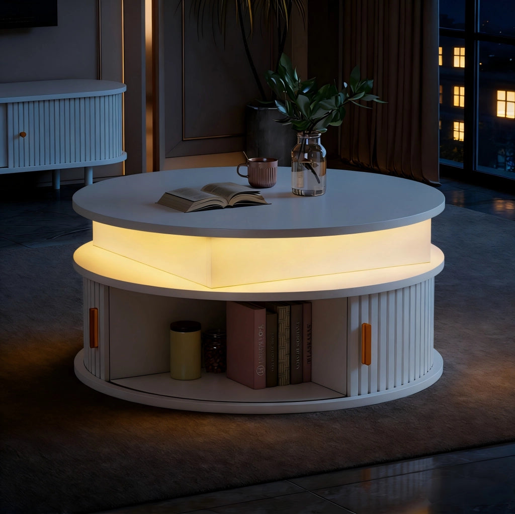 Tavolino da caffè rotondo 75 cm regolabile in altezza con LED; bianco; MDF