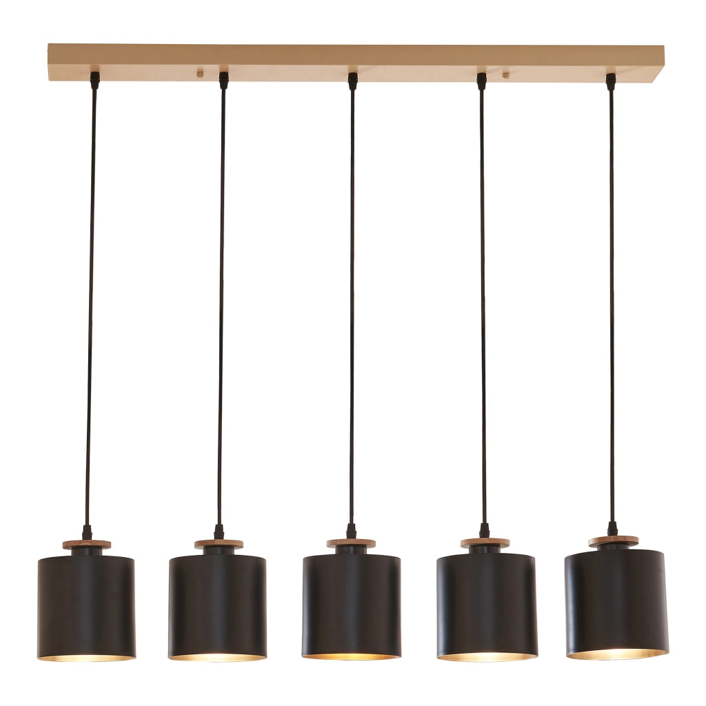 Lampada a Sospensione Posdand con 5 Paralumi in Metallo - color Legno / Nero lux.pro