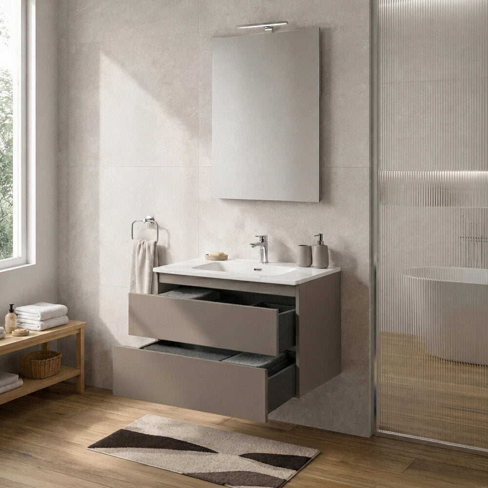 Mobile bagno sospeso 70 cm tortora due cassetti push-pull e lavabo Tierra