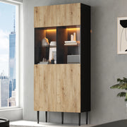 Credenza e madia con 2 ante in vetro temperato, 10 vani, LED, per soggiorno, nero e legno naturale, 80 × 35 × 180 cm