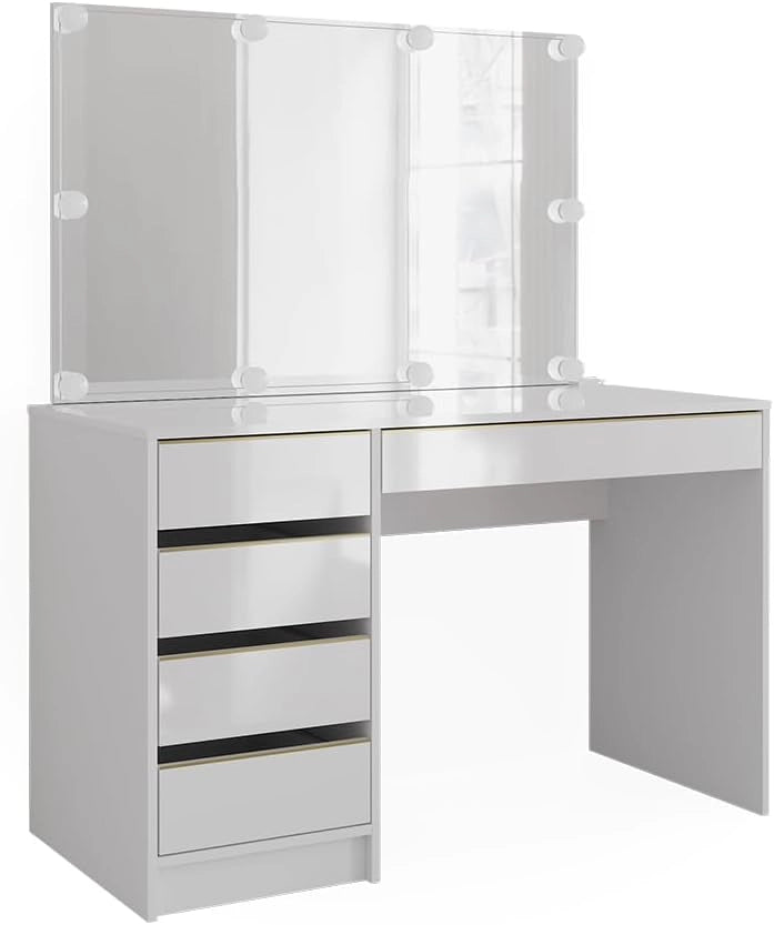 Tavolo da toilette Sherry, Bianco/Oro, 120 cm con illuminazione a LED, con illuminazione LED e grande specchio rettangolare