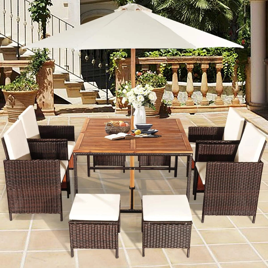 Set di mobili da giardino 8 sedie con tavolo, set da 9 mobili da giardino in rattan, con tavolo da balcone, 4 sedie da pranzo e 4 sgabelli scorrevoli (cuscini beige), KZ03907
