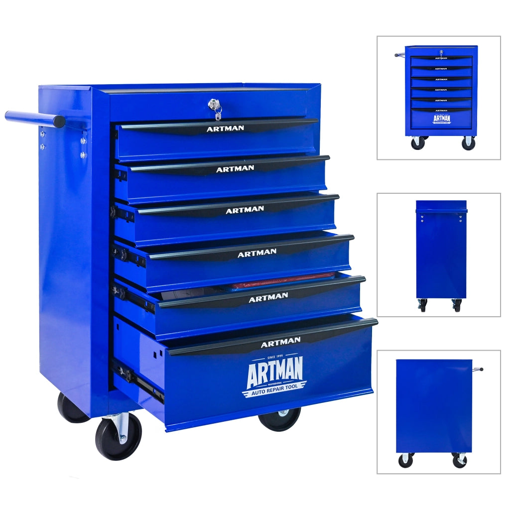 Carrello portautensili con 6 cassetti e serratura, in acciaio su ruote, per officina e garage, nero e blu