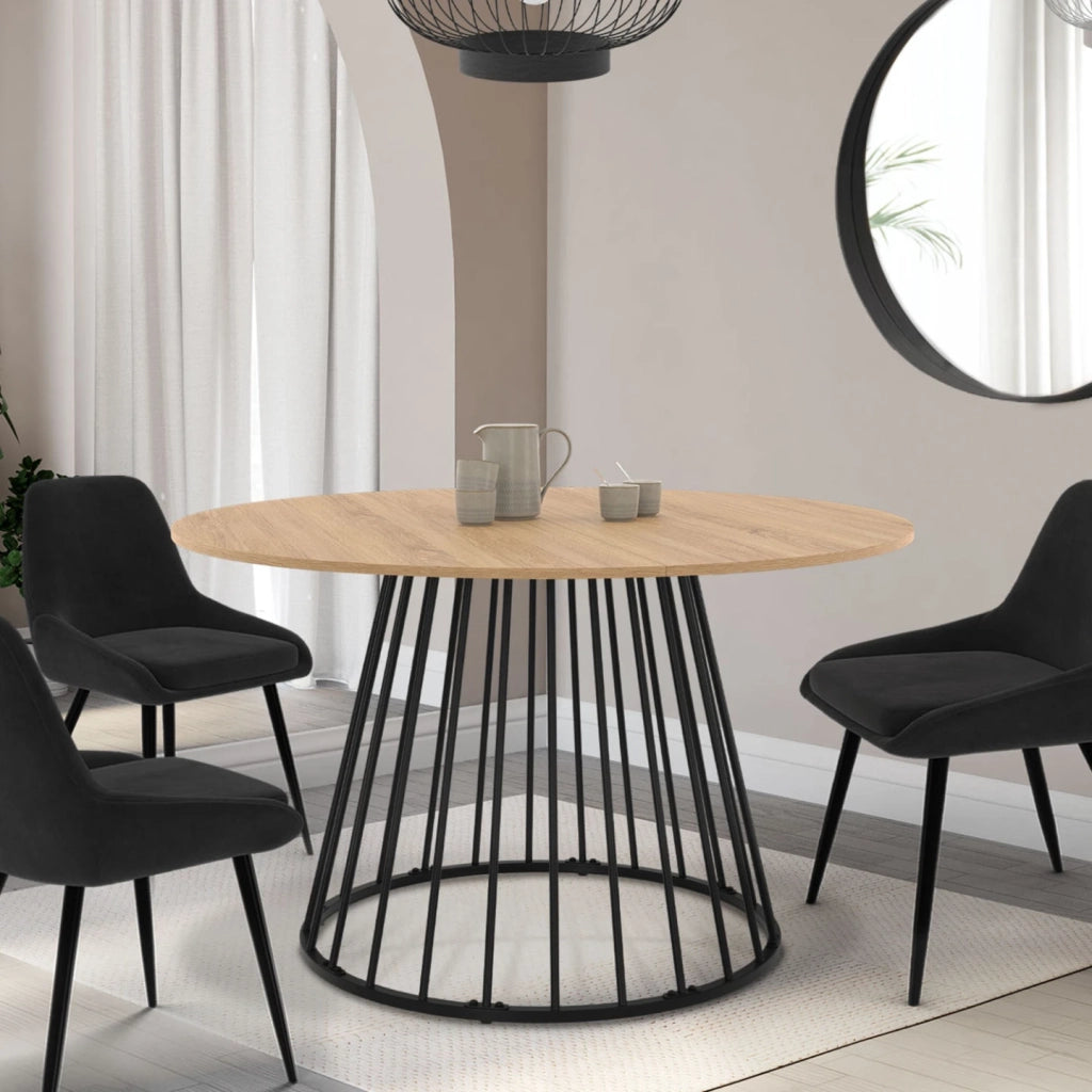 IDMarket - Tavolo da pranzo rotondo allungabile YUNA 4-8 persone con piano in legno e gamba in filo metallico nero 110 - 150 cm
