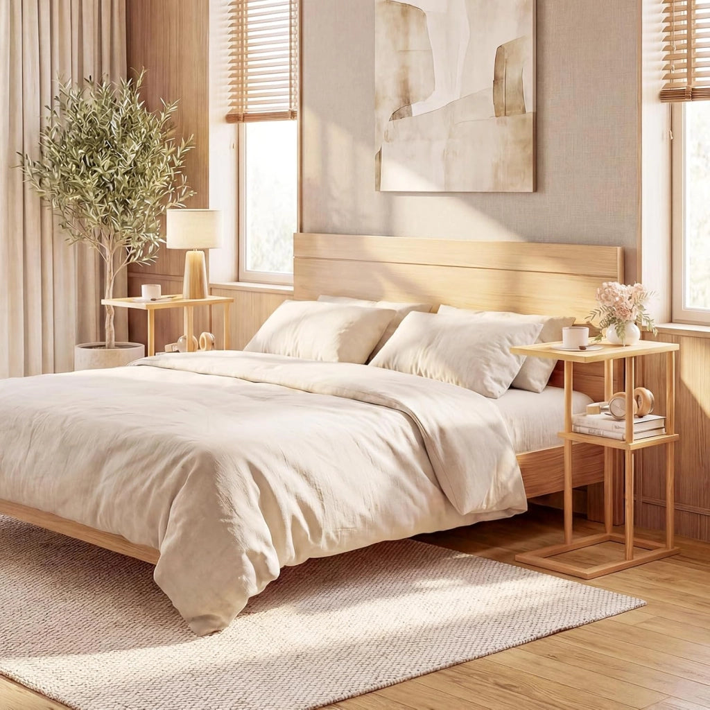 Set di 2 Tavolini Laterali, Tavolino Rettangolare con Ripiani Portaoggetti e Struttura in Bambù, Tavolo Basso da Divano e Letto per Salotto e Camera da Letto