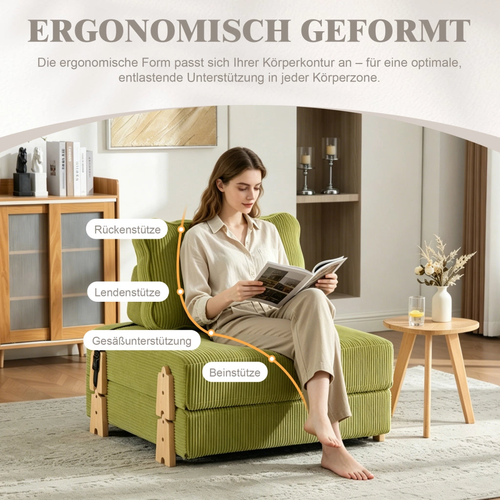 Divano letto singolo in velluto ¨C Minimal ¨C verde, gambe in legno