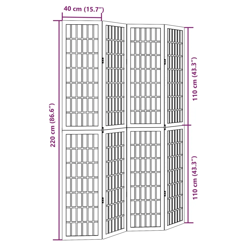 Divisorio Ambienti | Divider per stanze | Paravento 4 Pannelli Nero Legno Massello di Paulownia