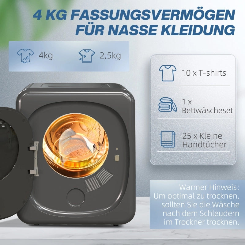 Mini asciugatrice con 6 programmi, touchscreen LED, capacit¨¤ 4 kg, fino a 60 ¡ãC, 800 W, da appoggio/montabile a parete, asciugatrice ventilata con