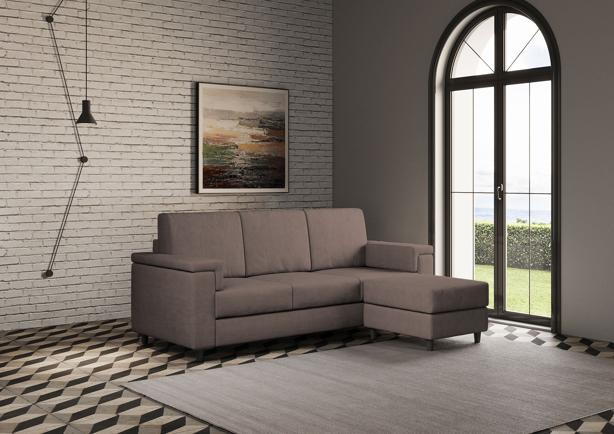 Divano 3 Posti con Pouf 208x155x85 cm Marrak in Tessuto Talpa