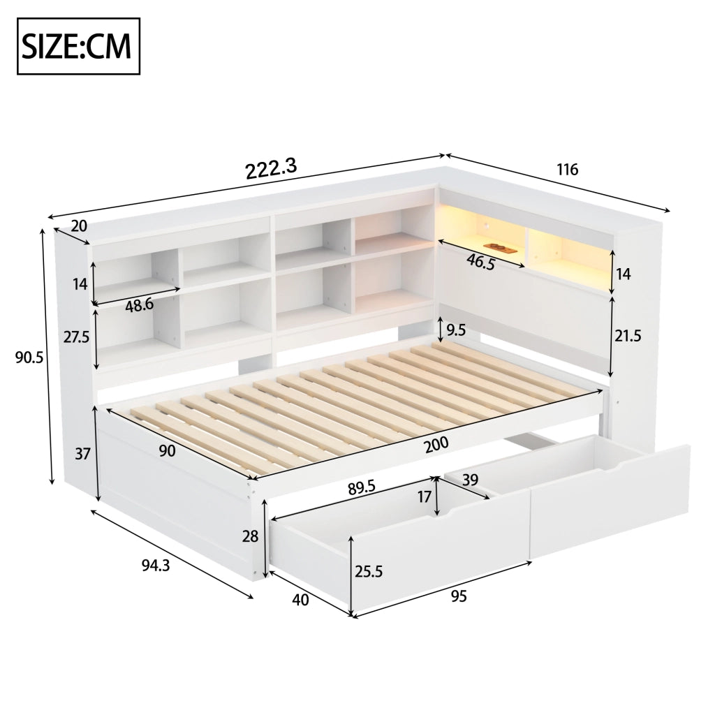 OKWISH Letto a Divano 90×200 cm, Letto Singolo con USB, Presa e LED Regolabile, Mensole e Cassetti, senza Materasso, Legno, Bianco
