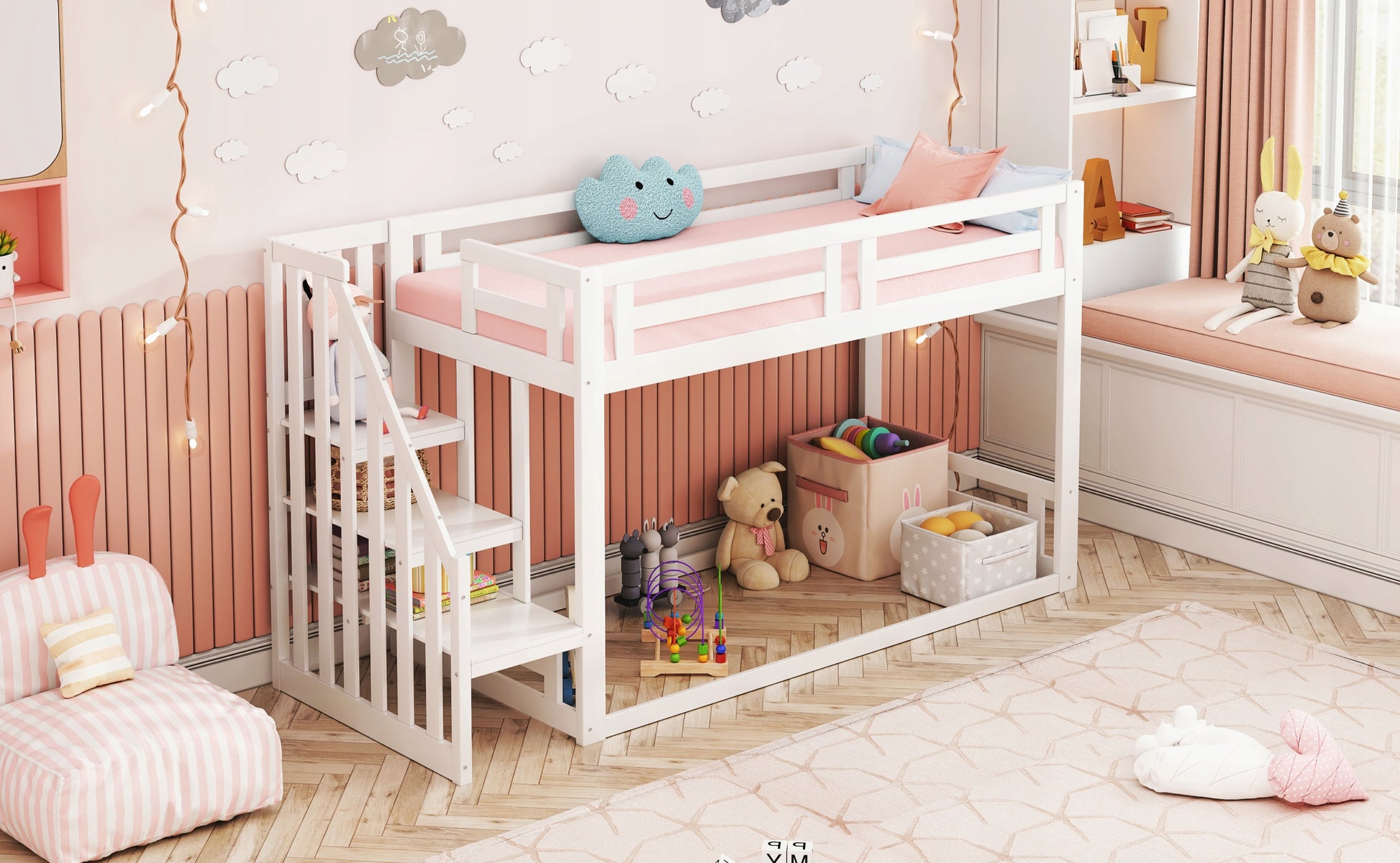 Letto a castello basso 90x200 - Xylo - Bianco con scala