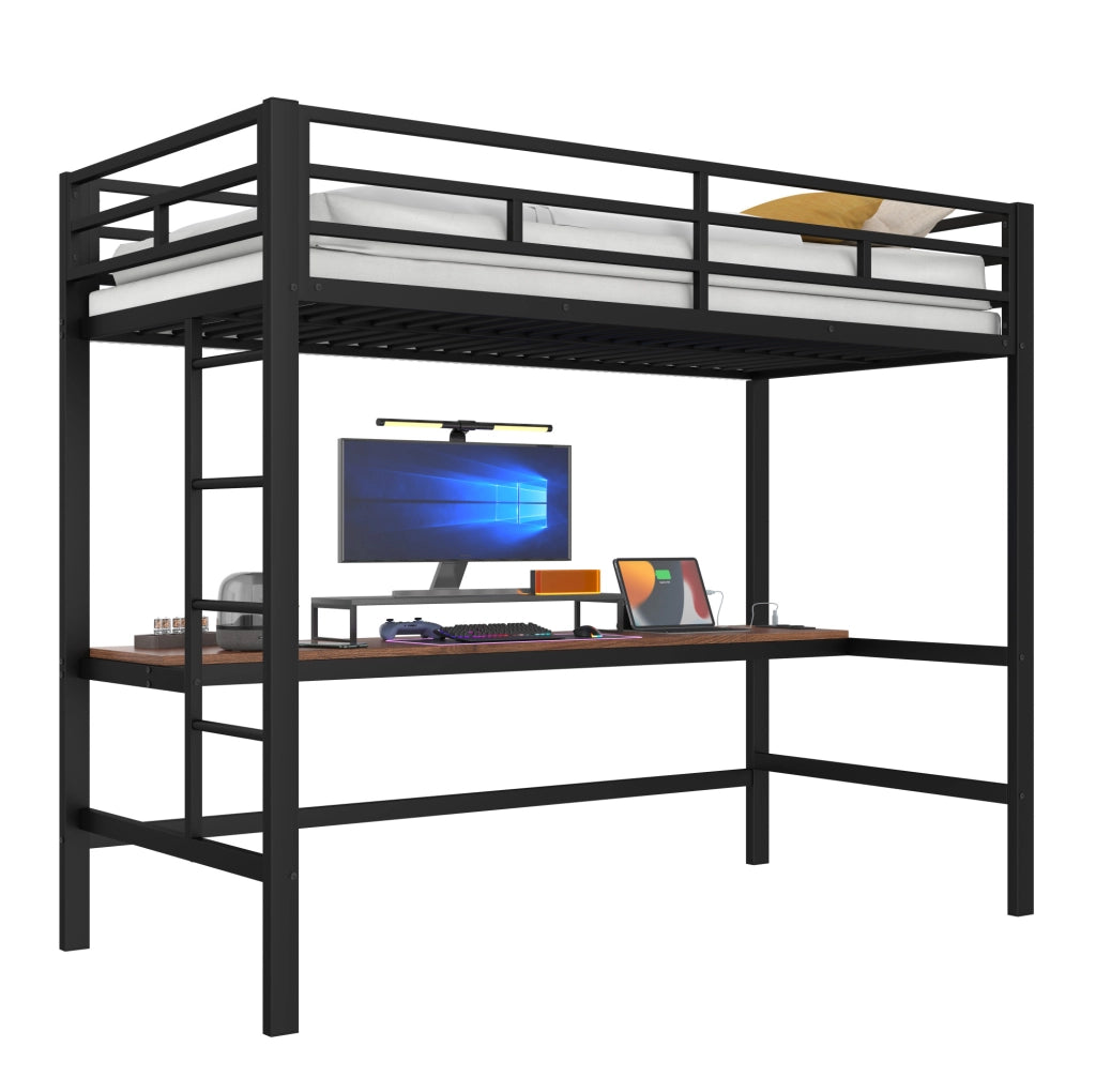 Letto a soppalco 90x200 cm nero con scrivania, LED APP, USB e Type-C