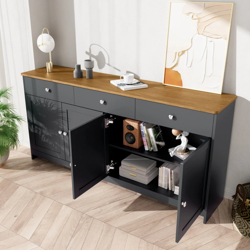 Sideboard 160x37x75 cm con 3 cassetti; 4 ante e ripiani regolabili; MDF nero e grigio