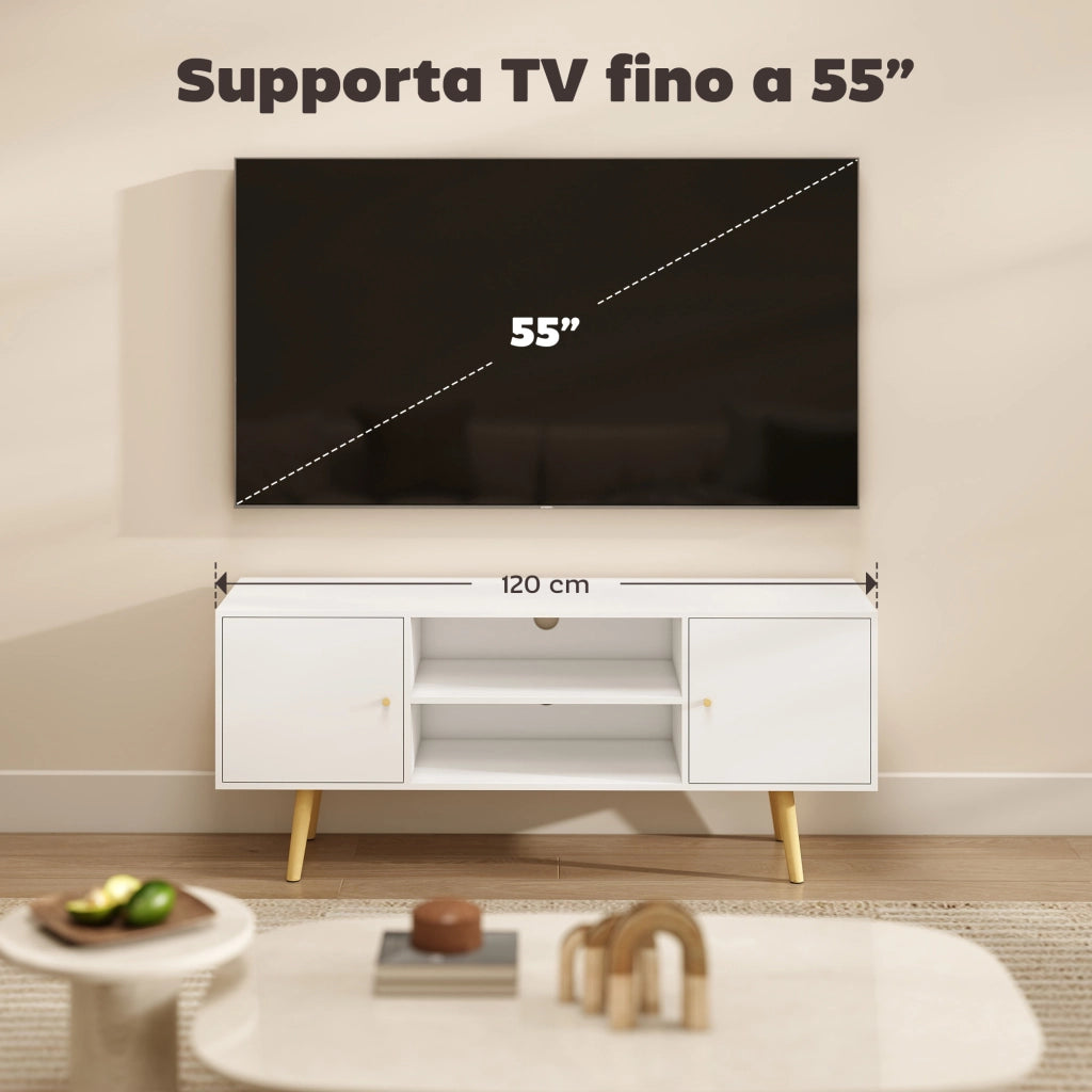 Mobile TV con 2 Armadietti e 2 Ripiani Aperti ¨C zephmum ¨C Legno e Truciolato, Bianco, 120x34x50 cm
