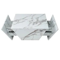 Tavolino da Salotto Moderno Trapezoidale in MDF con Finitura Marmo, 2 Cassetti, Design Unico e Stabile, 70x70x37 cm, Bianco