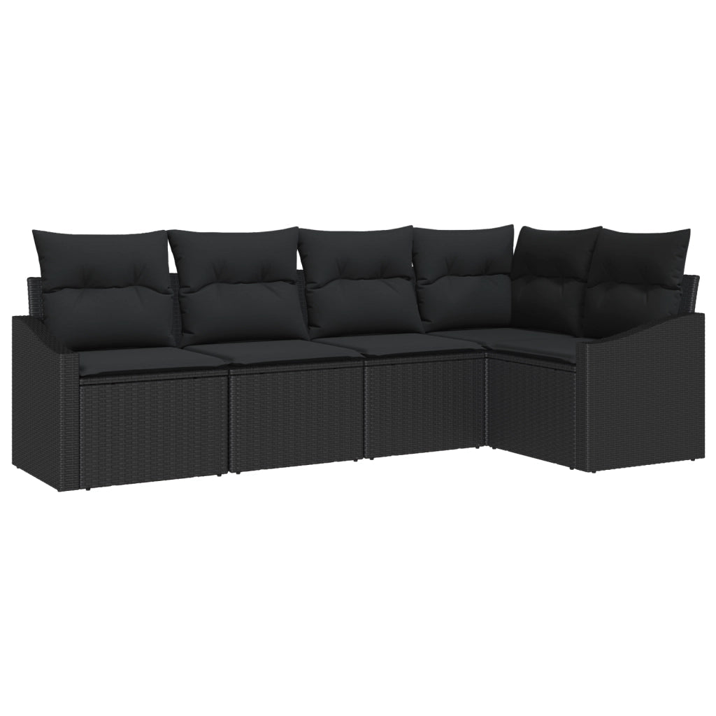 Set Divano da Giardino 5 Pezzi con Cuscini Nero Polirattan