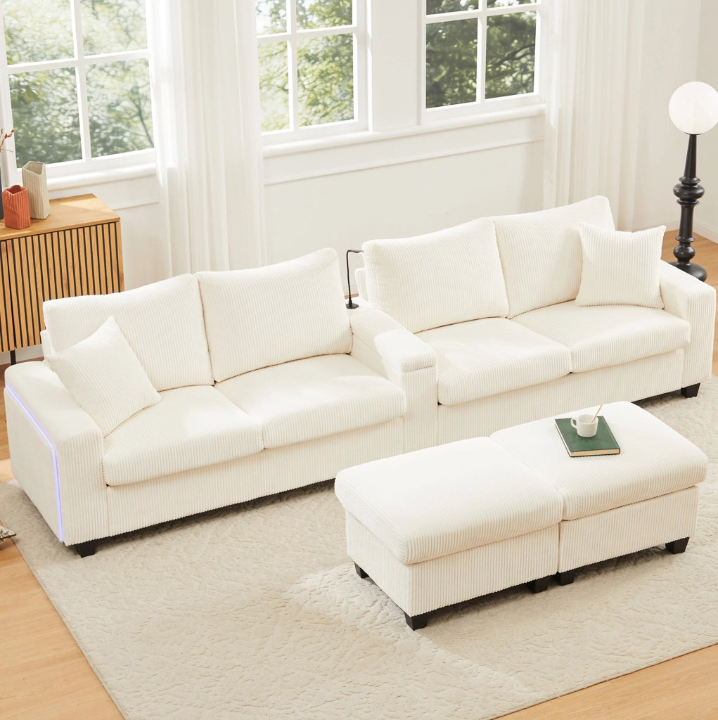 Divano a U in velluto a coste con 2 pouf contenitore; LED; USB e Type-C; beige 334x128;5x81 cm