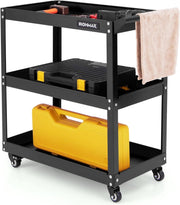 Carrello Portautensili a 3 Livelli, Carrello Metallico Resistente con 3 Ripiani, 4 Ruote Universali con 2 Freni, per Garage, Casa, Magazzino, 73 x 36 x 75 cm (Nero)