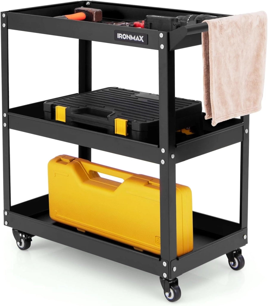 Carrello Portautensili a 3 Livelli, Carrello Metallico Resistente con 3 Ripiani, 4 Ruote Universali con 2 Freni, per Garage, Casa, Magazzino, 73 x 36 x 75 cm (Nero)
