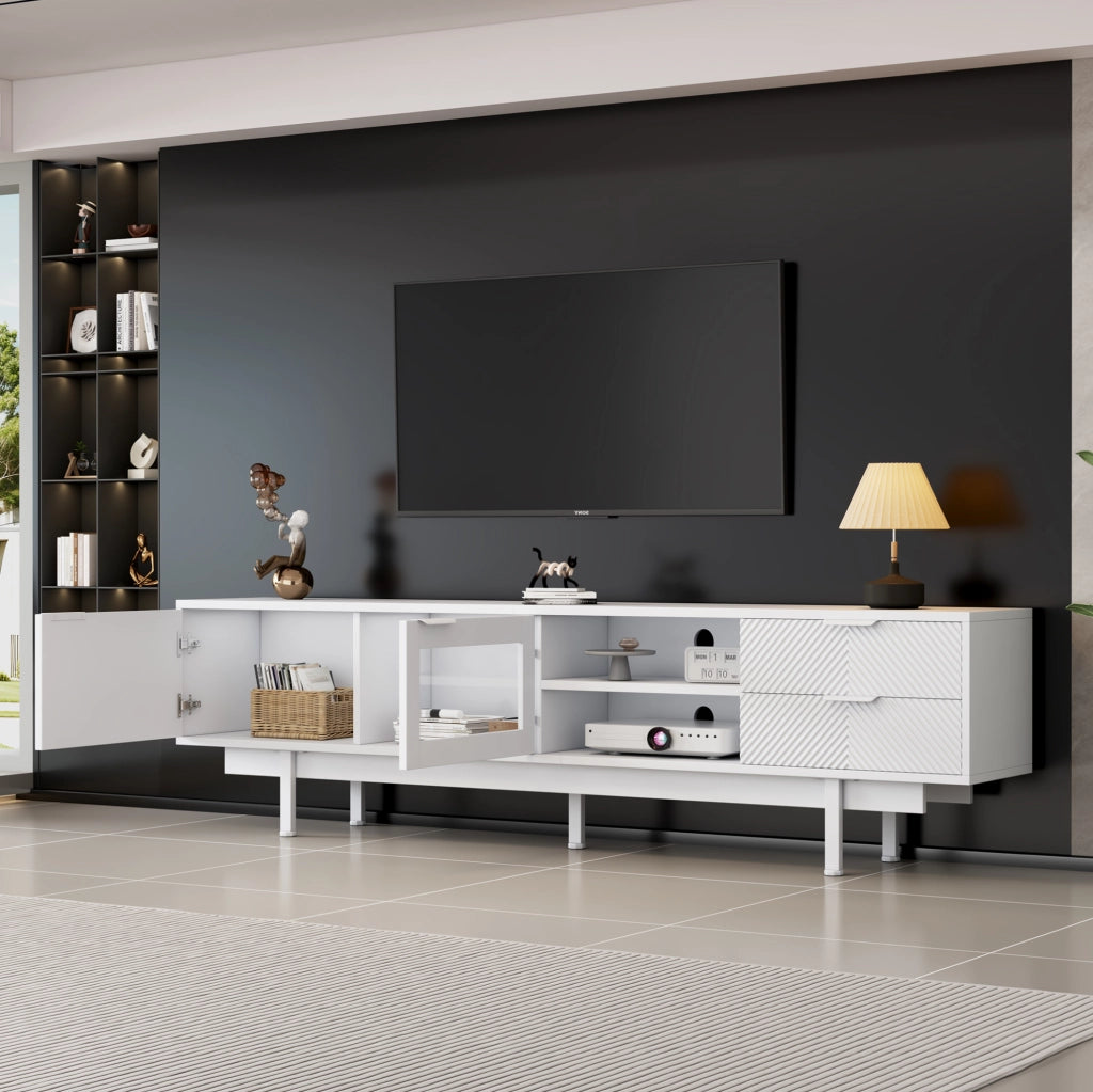 Mobile TV moderno bianco con 2 ante e 2 cassetti, 200 x 40 x 50,5 cm