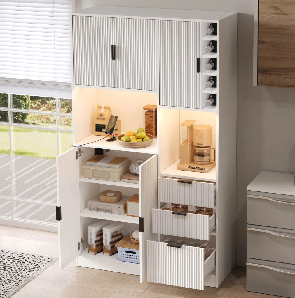 Mobile buffet 105x40x180 cm bianco in MDF, 3 cassetti e portabottiglie laterale