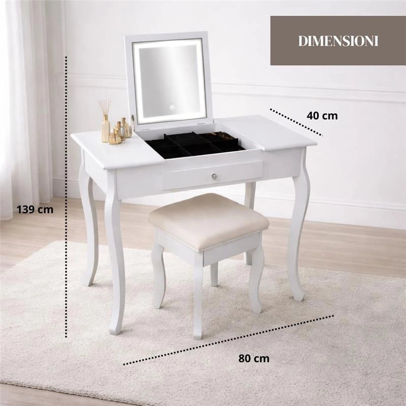 MA MAISON CONSOLLE INGRESSO BIANCA IN LEGNO 80X40X139 CM CON SPECCHIO ILLUMINATO E SGABELLO