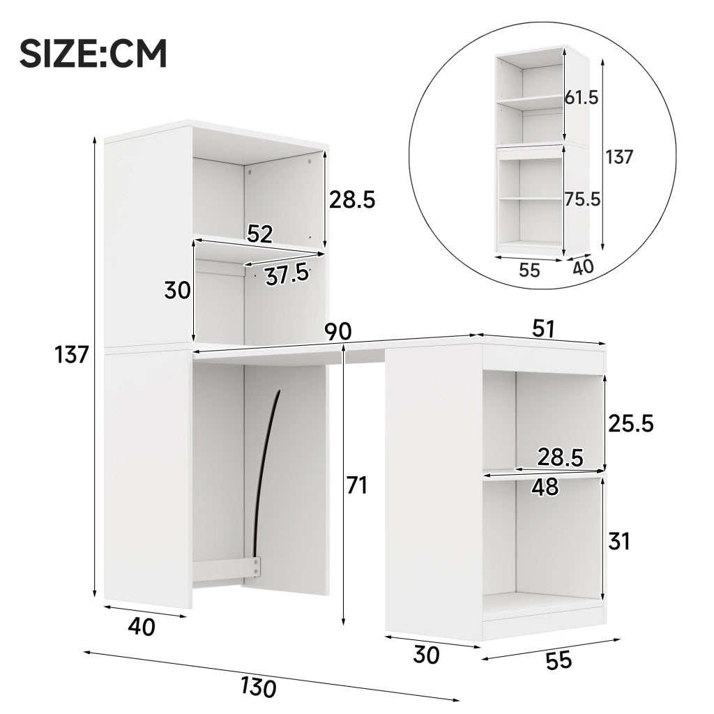 Scrivania Pieghevole con Armadio Integrato ¨C MINIMAL ¨C Bianco, 4 Ripiani, 130x51x137