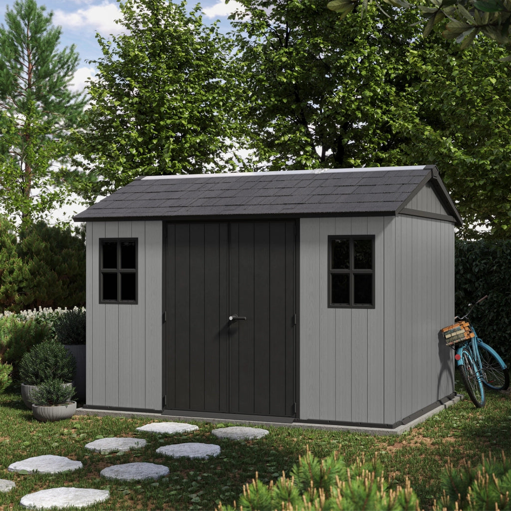 Newton + 7511/1175 - Casetta da Giardino 350x246x230 cm 2 Ante per deposito attrezzi finitura effetto legno Evotech+ in Resina Grigio e Nero