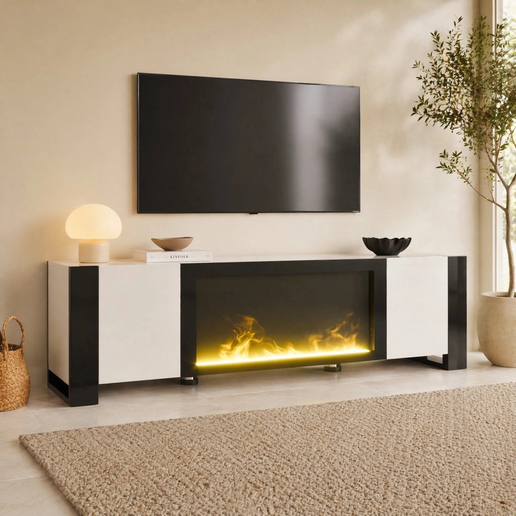 Mobile TV bianco e nero con camino elettrico decorativo 165 cm