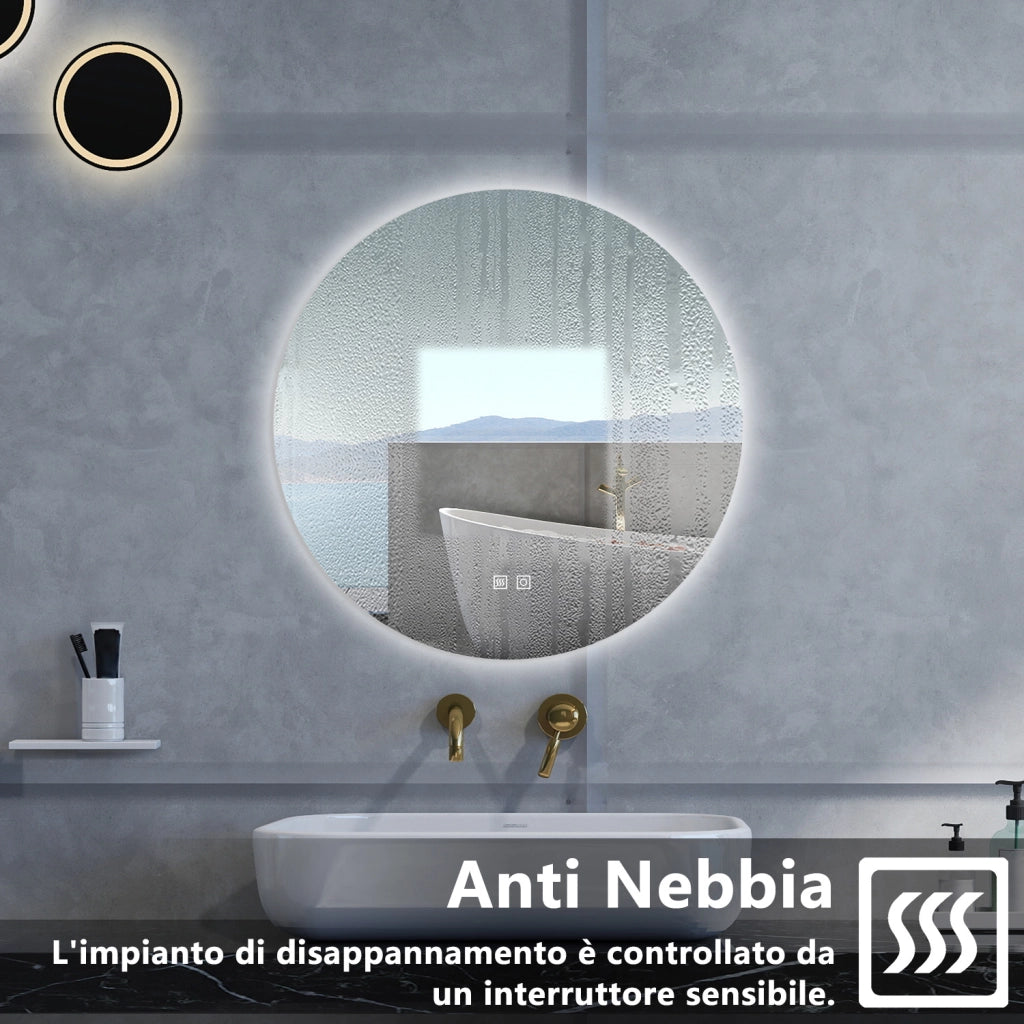 Specchio da bagno Rotondo con 90cm,3 colori,Memoria, Antifog,Regorabile,Retroilluminato,doppio interruttore,